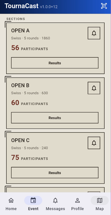 TournaCast event screen
